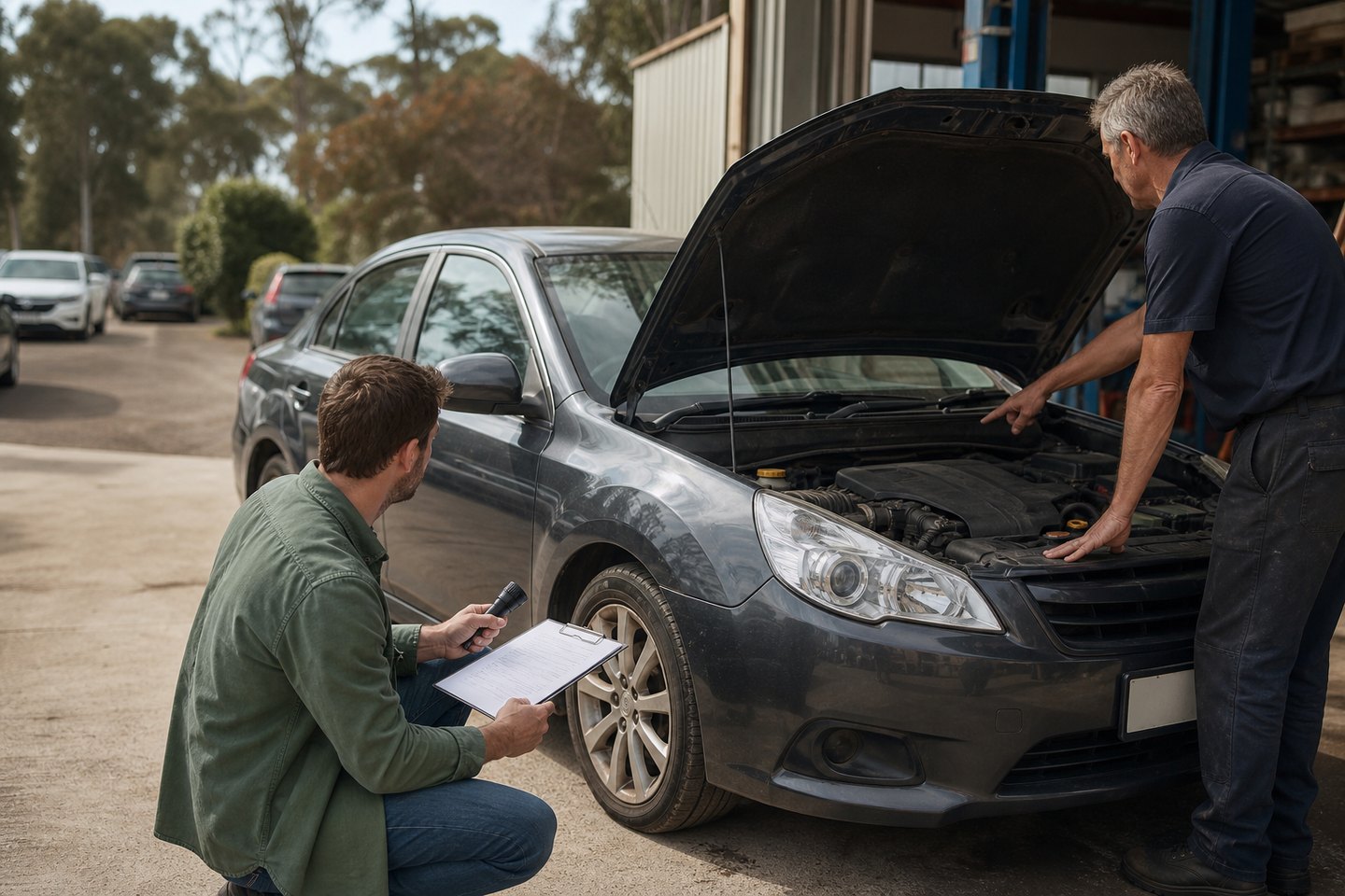 A buyer and mechanic complete a practical used-car inspection